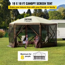 VEVOR Camping Gazebo Tent, 12'x12', 6 Sided Pop-up Canopy Screen Tent for 8 Person Camping, IPX3 Waterproof Screen Shelter w/Portable Storage Bag, Ground Stakes, Mesh Windows, Brown & Beige