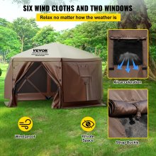 VEVOR Camping Gazebo Tent, 12'x12', 6 Sided Pop-up Canopy Screen Tent for 8 Person Camping, IPX3 Waterproof Screen Shelter w/Portable Storage Bag, Ground Stakes, Mesh Windows, Brown & Beige