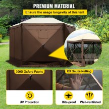 VEVOR Camping Gazebo Tent, 12'x12', 6 Sided Pop-up Canopy Screen Tent for 8 Person Camping, IPX3 Waterproof Screen Shelter w/Portable Storage Bag, Ground Stakes, Mesh Windows, Brown & Beige