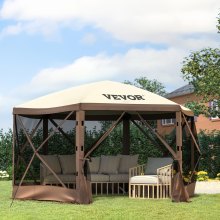 VEVOR Camping Gazebo Screen Tent, 12*12ft, 6 Sided Pop-up Canopy Shelter Tent with Mesh Windows, Portable Carry Bag, Stakes, Large Shade Tents for Outdoor Camping, Lawn and Backyard, Brown/Beige