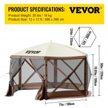 VEVOR Camping Gazebo Screen Tent, 12*12ft, 6 Sided Pop-up Canopy Shelter Tent with Mesh Windows, Portable Carry Bag, Stakes, Large Shade Tents for Outdoor Camping, Lawn and Backyard, Brown/Beige