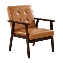 Sillón moderno de mediados de siglo con acento de cuero sintético y estructura de madera maciza.
