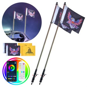 Fouet Lumineux LED Avec Drapeau 2 Pièces 0,9 M Application + Télécommande Comtrol 360° Couleur RVB 5050 Lumière Antenne Fouets Pour Utv ATV Buggy
