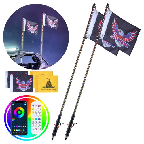 VEVOR 2 PCS 4 FT Whip Light, APP & RF Remote Control Led Whip Light, Waterproof RGB Chasing Lighted Whips with 4 Flags, for UTVs, ATVs, Motorcycles, RZR, Can-am, Trucks, Off-road, Go-karts