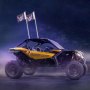 yellow can-am off-road vehicle with VEVOR whip light and flags, set against a starry night sky.