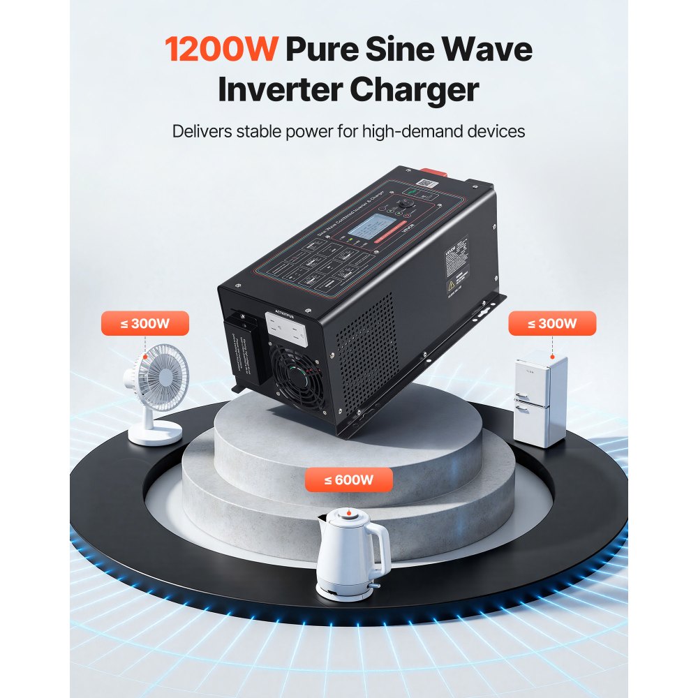 VEVOR Pure Sine Wave Inverter Charger, 1200W, DC 12V to AC 120V Power Inverter with LCD Display, Remote Control, Low Frequency, for RV Camper Home, Compatible with 12V LiFePO4 Lithium Batteries