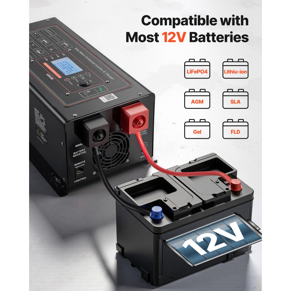 VEVOR Pure Sine Wave Inverter Charger, 1200W, DC 12V to AC 120V Power Inverter with LCD Display, Remote Control, Low Frequency, for RV Camper Home, Compatible with 12V LiFePO4 Lithium Batteries
