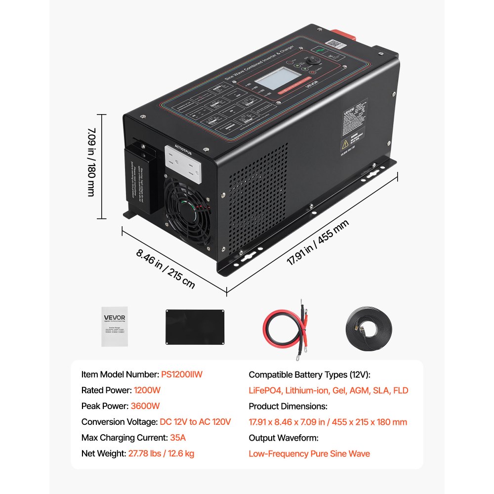 VEVOR Pure Sine Wave Inverter Charger, 1200W, DC 12V to AC 120V Power Inverter with LCD Display, Remote Control, Low Frequency, for RV Camper Home, Compatible with 12V LiFePO4 Lithium Batteries
