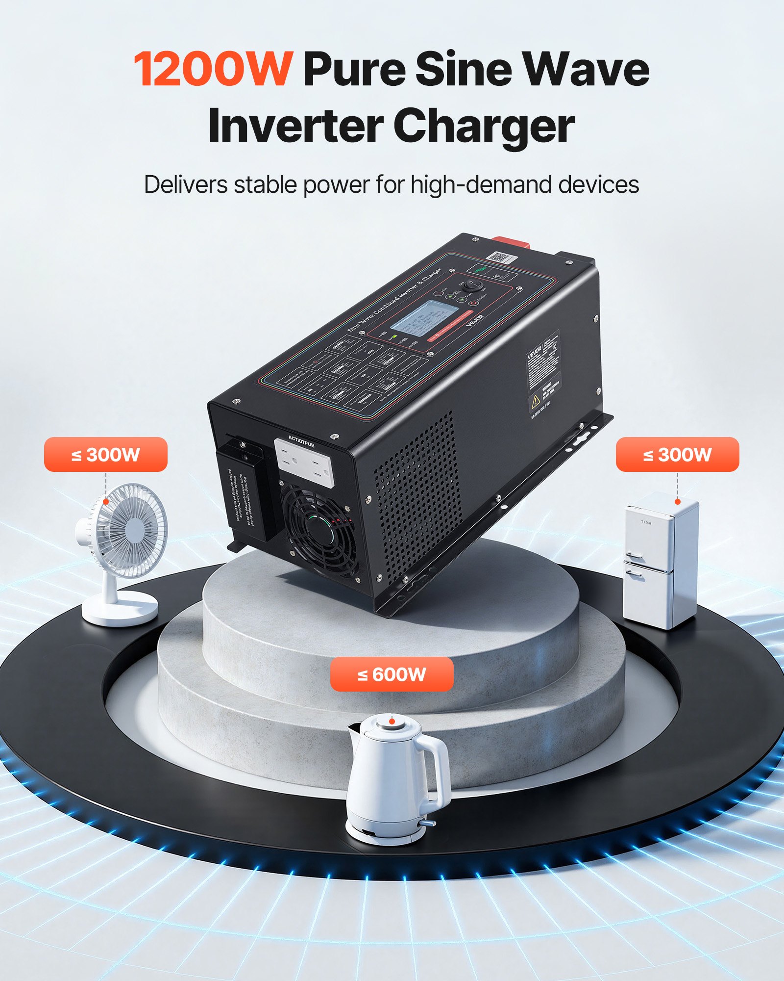 VEVOR Pure Sine Wave Inverter Charger, 1200W, DC 12V to AC 120V Power Inverter with LCD Display, Remote Control, Low Frequency, for RV Camper Home, Compatible with 12V LiFePO4 Lithium Batteries