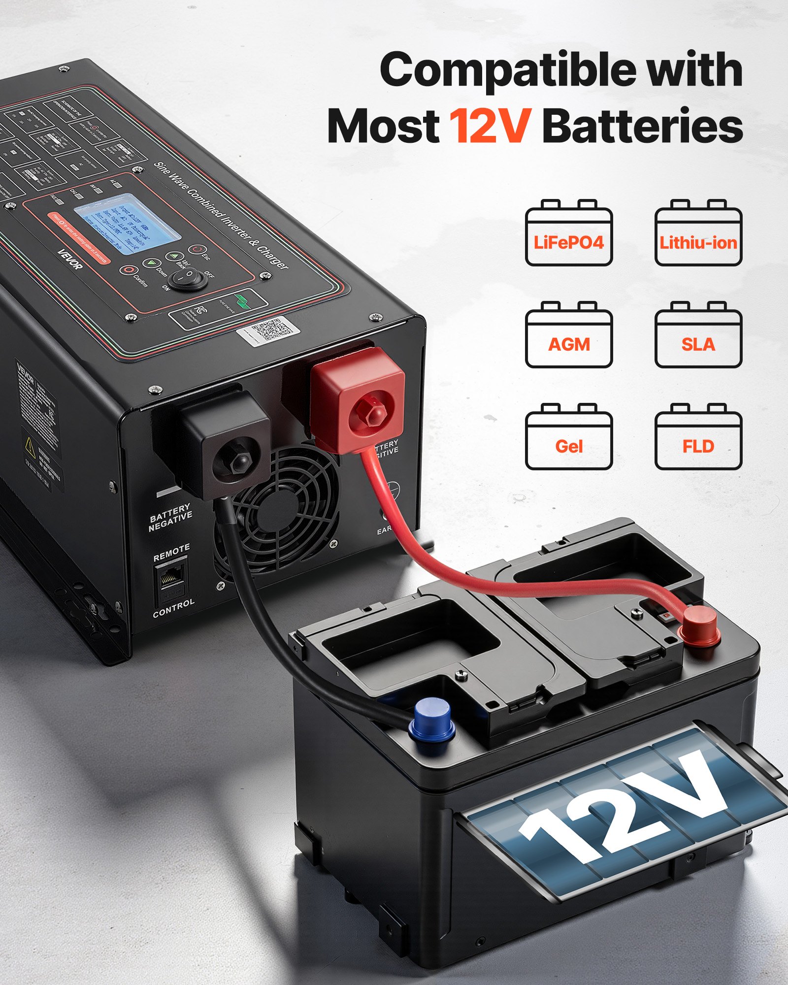 VEVOR Pure Sine Wave Inverter Charger, 1200W, DC 12V to AC 120V Power Inverter with LCD Display, Remote Control, Low Frequency, for RV Camper Home, Compatible with 12V LiFePO4 Lithium Batteries