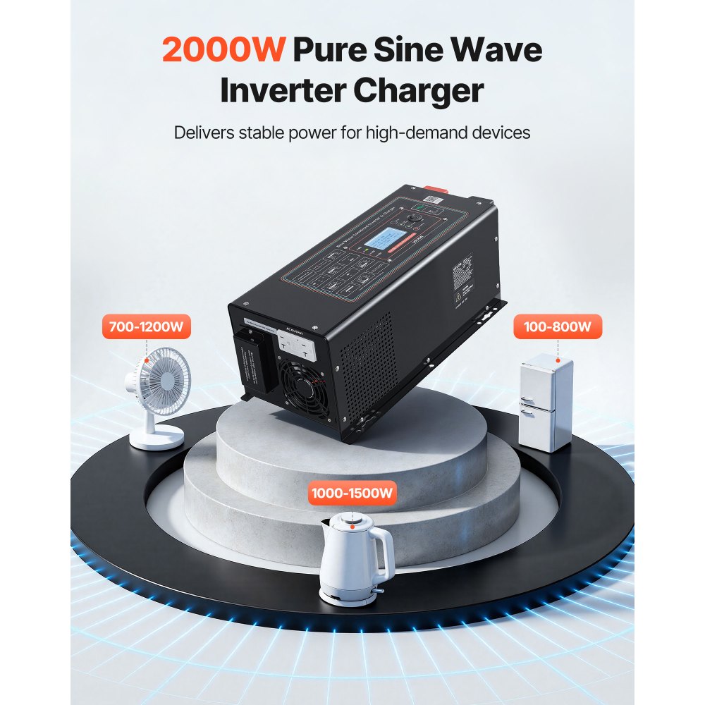 VEVOR Pure Sine Wave Inverter Charger, 2000W, DC 12V to AC 120V Power Inverter with LCD Display, Remote Control, Low Frequency, GFCI, for RV Camper Home, Compatible with 12V LiFePO4 Lithium Batteries