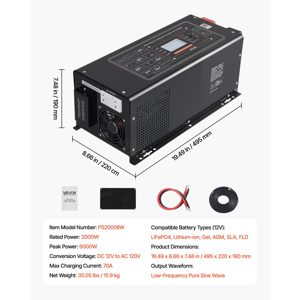 VEVOR Pure Sine Wave Inverter Charger, 2000W, DC 12V to AC 120V Power Inverter with LCD Display, Remote Control, Low Frequency, GFCI, for RV Camper Home, Compatible with 12V LiFePO4 Lithium Batteries