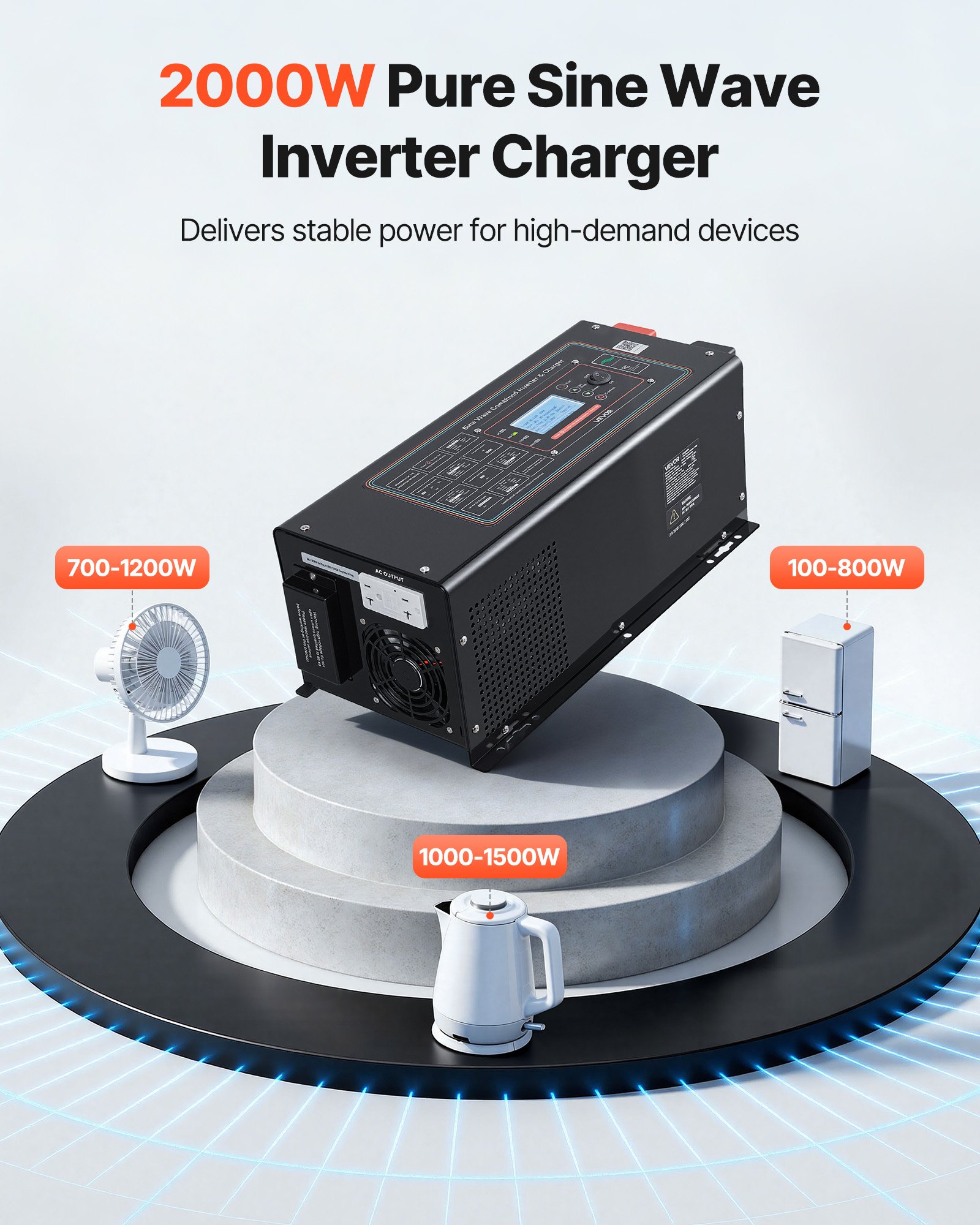 VEVOR Pure Sine Wave Inverter Charger, 2000W, DC 12V to AC 120V Power Inverter with LCD Display, Remote Control, Low Frequency, GFCI, for RV Camper Home, Compatible with 12V LiFePO4 Lithium Batteries