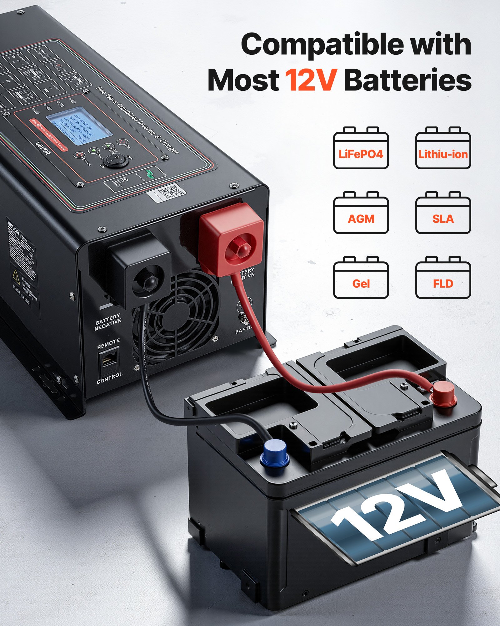 VEVOR Pure Sine Wave Inverter Charger, 2000W, DC 12V to AC 120V Power Inverter with LCD Display, Remote Control, Low Frequency, GFCI, for RV Camper Home, Compatible with 12V LiFePO4 Lithium Batteries