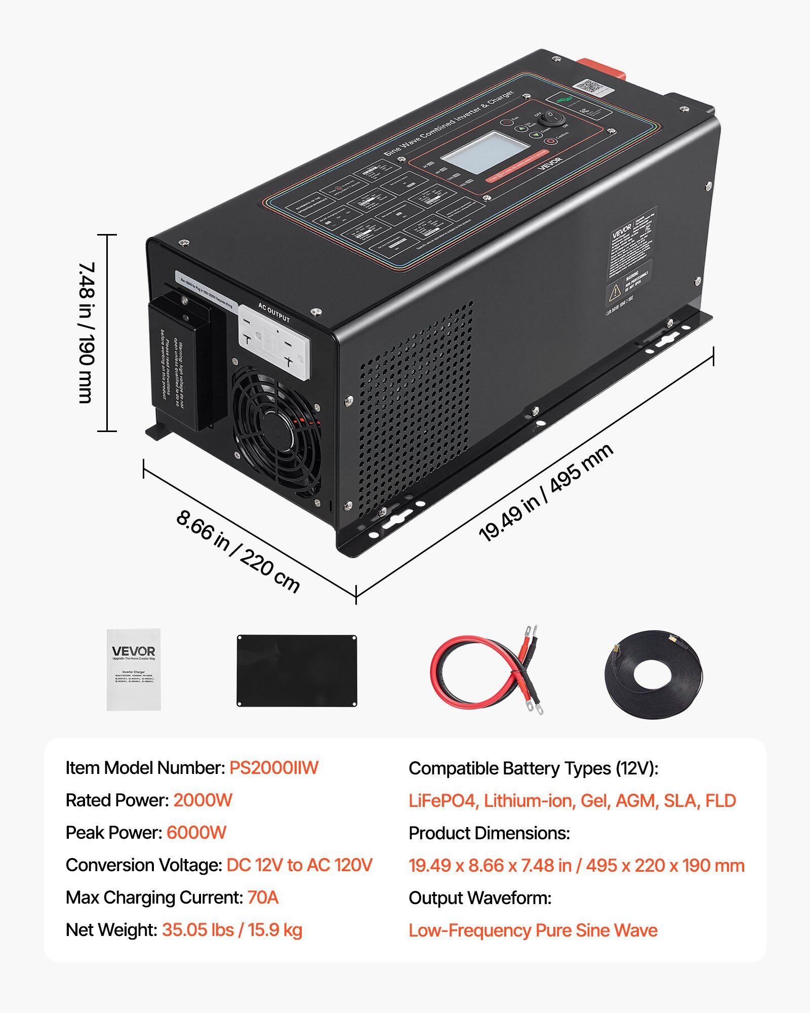 VEVOR Pure Sine Wave Inverter Charger, 2000W, DC 12V to AC 120V Power Inverter with LCD Display, Remote Control, Low Frequency, GFCI, for RV Camper Home, Compatible with 12V LiFePO4 Lithium Batteries