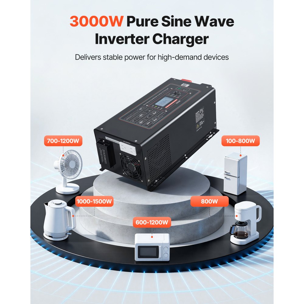 VEVOR Pure Sine Wave Inverter Charger, 3000W, DC 12V to AC 120V Power Inverter with LCD Display, Remote Control, Low Frequency, for RV Camper Home, Compatible with 12V LiFePO4 and Lithium Batteries