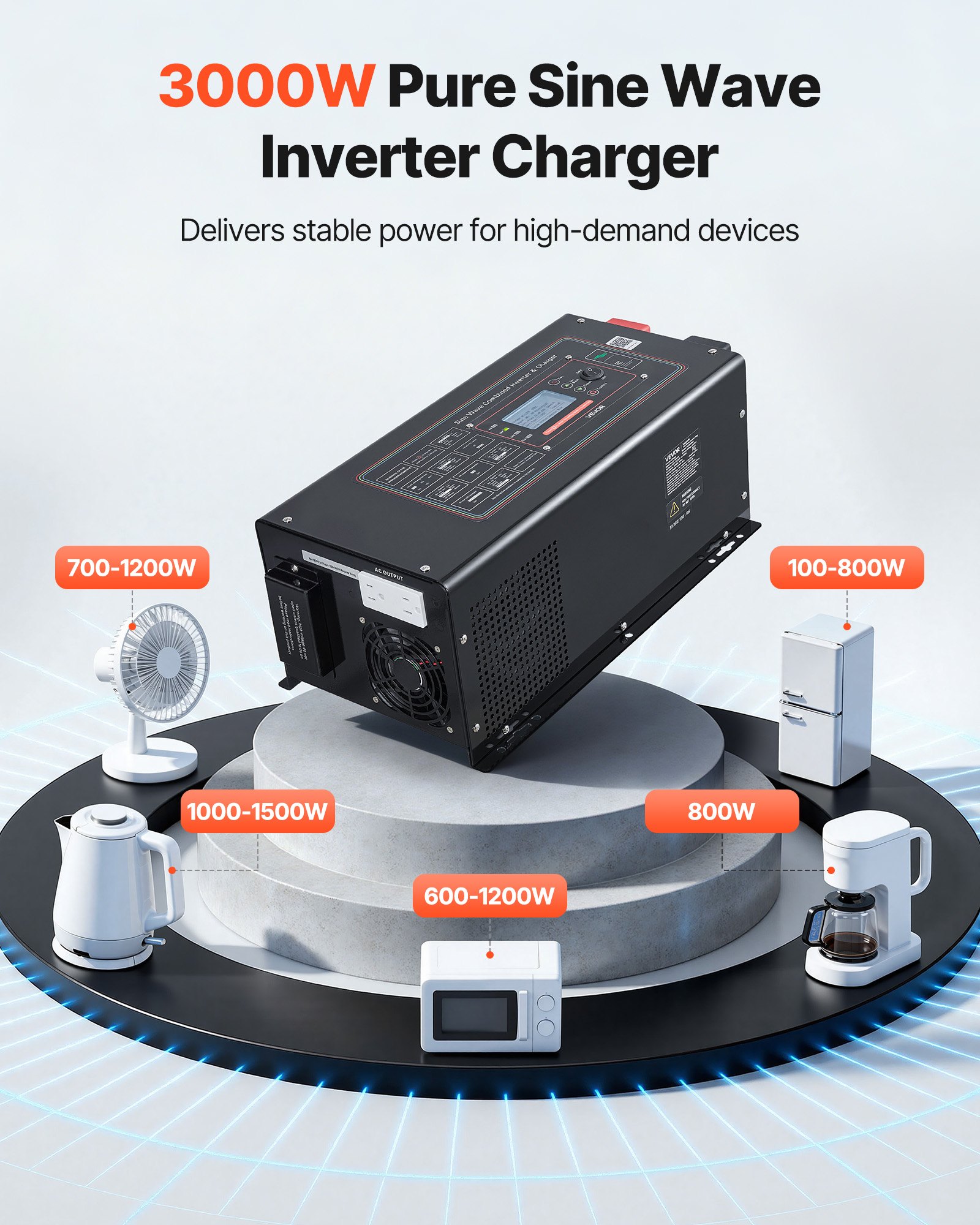 VEVOR Pure Sine Wave Inverter Charger, 3000W, DC 12V to AC 120V Power Inverter with LCD Display, Remote Control, Low Frequency, for RV Camper Home, Compatible with 12V LiFePO4 and Lithium Batteries