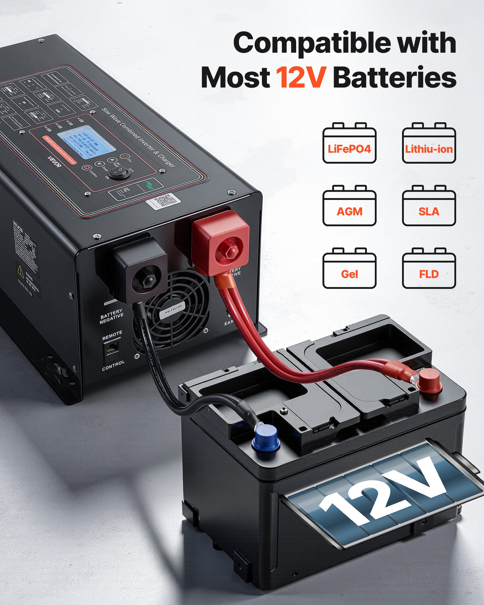 VEVOR Pure Sine Wave Inverter Charger, 3000W, DC 12V to AC 120V Power Inverter with LCD Display, Remote Control, Low Frequency, for RV Camper Home, Compatible with 12V LiFePO4 and Lithium Batteries