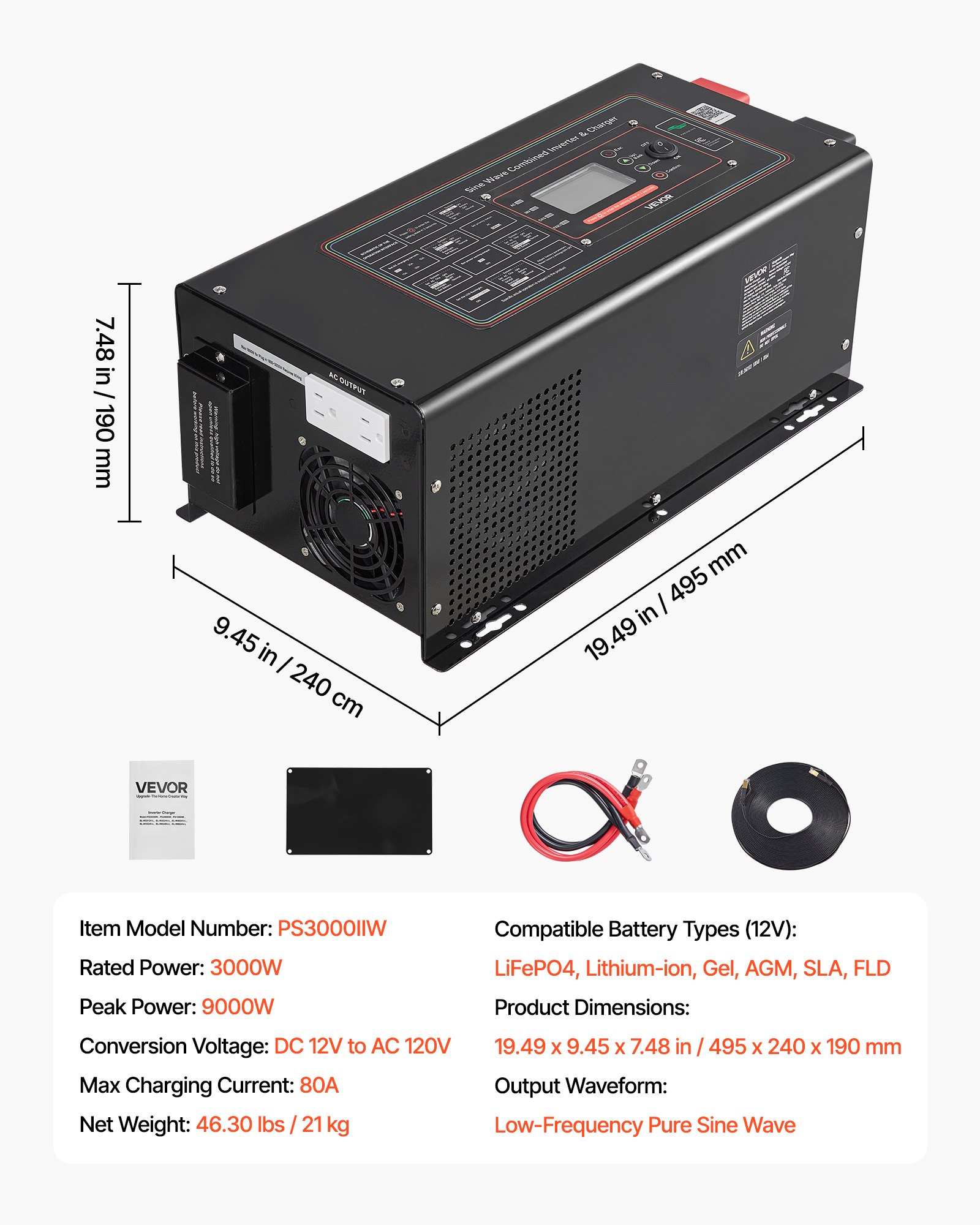 VEVOR Pure Sine Wave Inverter Charger, 3000W, DC 12V to AC 120V Power Inverter with LCD Display, Remote Control, Low Frequency, for RV Camper Home, Compatible with 12V LiFePO4 and Lithium Batteries