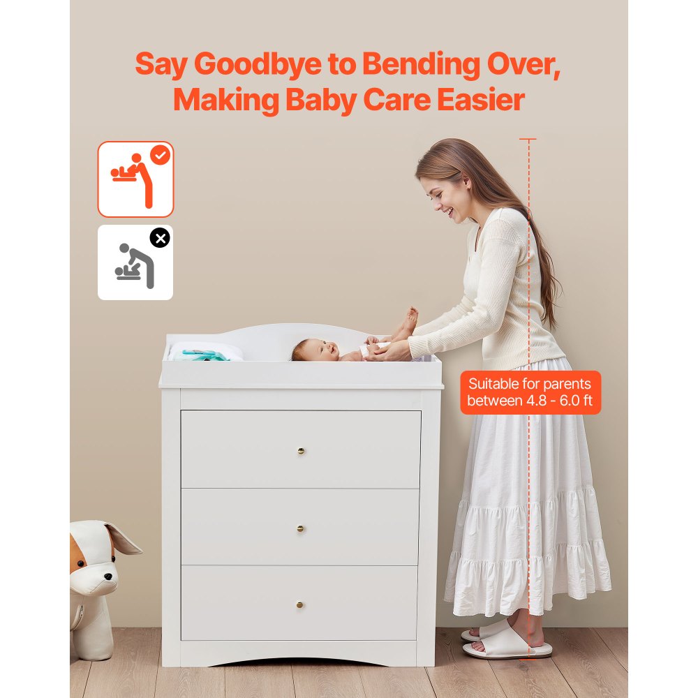 VEVOR Changing Table Dresser, Baby Diaper Change Station with 3 Drawers, Multi-Functional Modern Changing Table Dresser with Storage Organizer Nursery for Children's Room, White