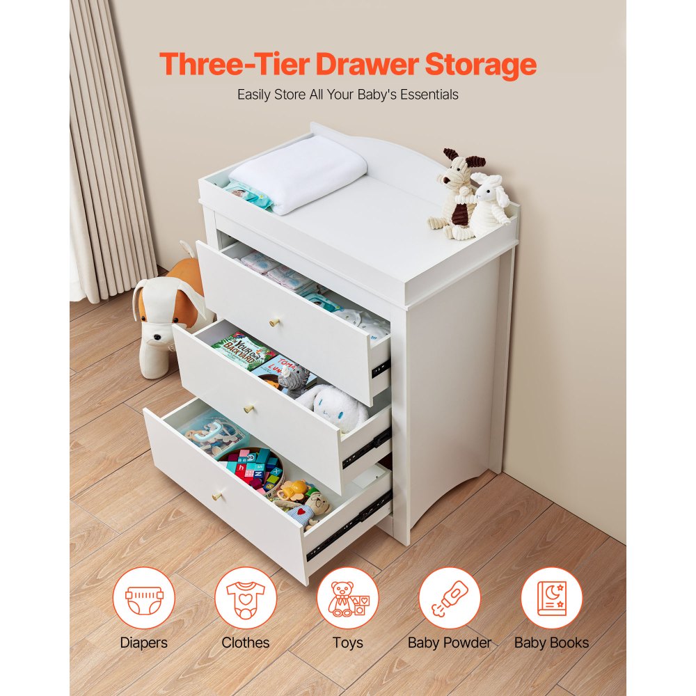 VEVOR Changing Table Dresser, Baby Diaper Change Station with 3 Drawers, Multi-Functional Modern Changing Table Dresser with Storage Organizer Nursery for Children's Room, White