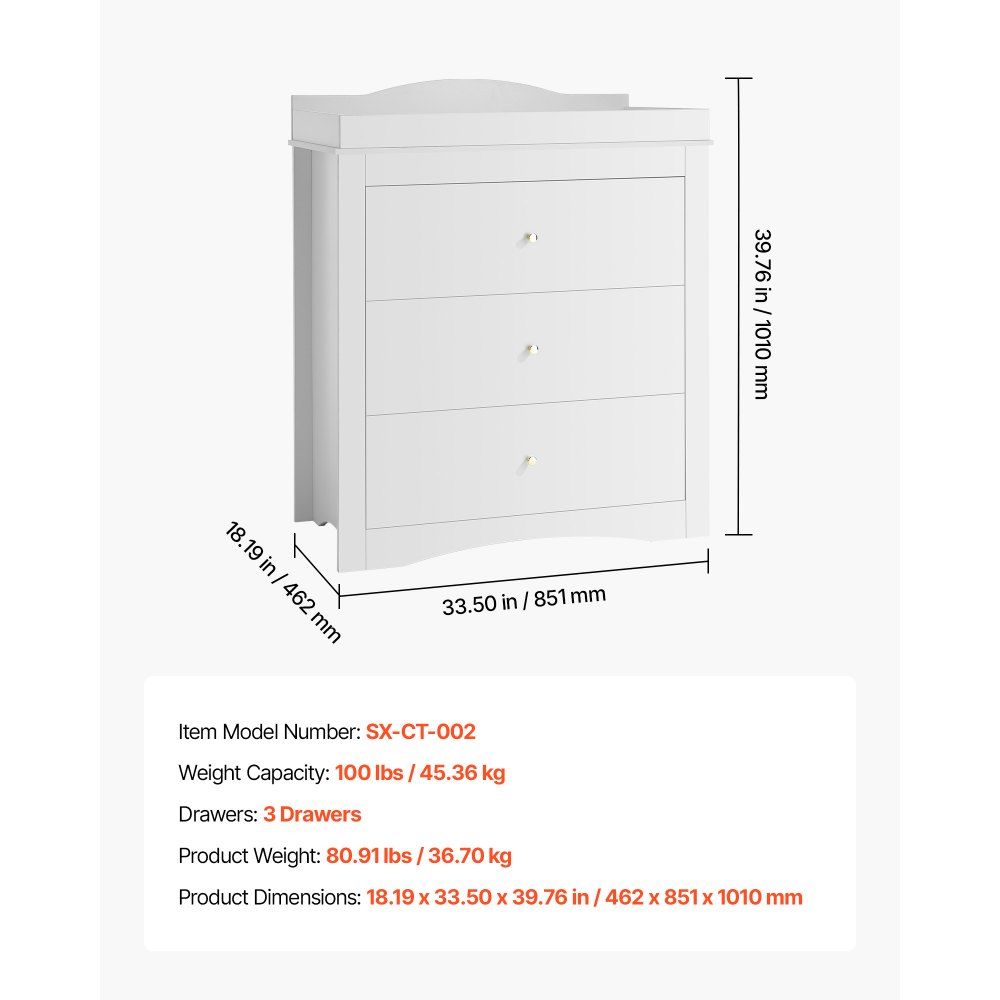 VEVOR Changing Table Dresser, Baby Diaper Change Station with 3 Drawers, Multi-Functional Modern Changing Table Dresser with Storage Organizer Nursery for Children's Room, White