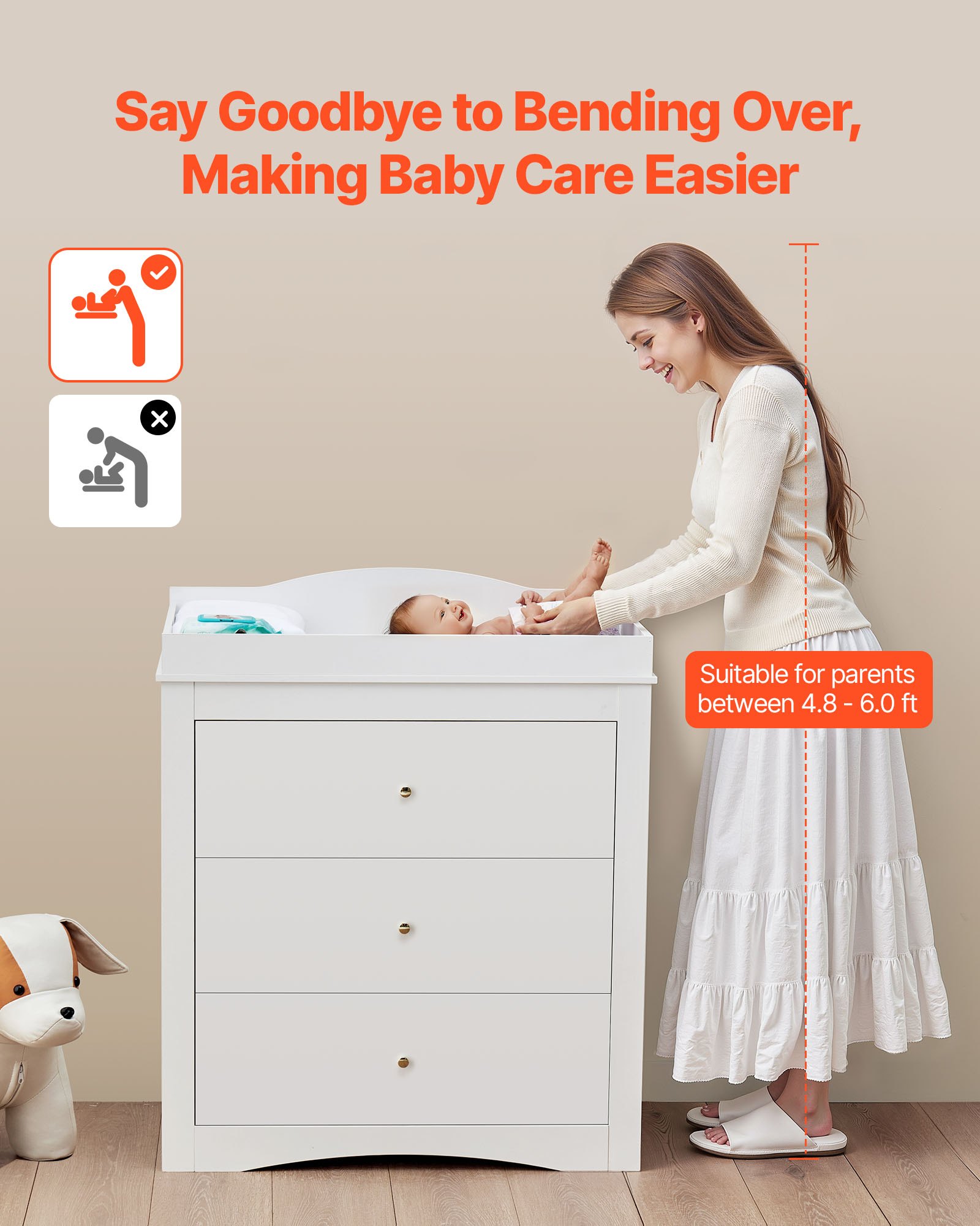 VEVOR Changing Table Dresser, Baby Diaper Change Station with 3 Drawers, Multi-Functional Modern Changing Table Dresser with Storage Organizer Nursery for Children's Room, White