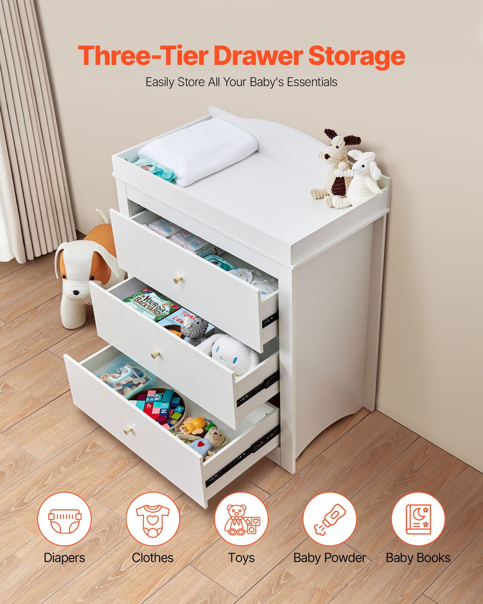 VEVOR Changing Table Dresser, Baby Diaper Change Station with 3 Drawers, Multi-Functional Modern Changing Table Dresser with Storage Organizer Nursery for Children's Room, White
