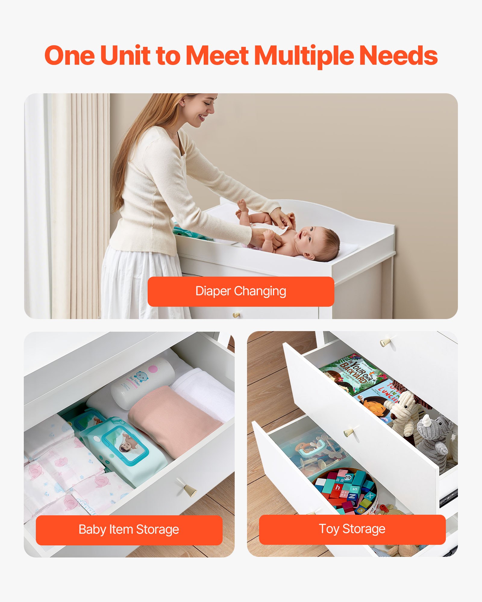 VEVOR Changing Table Dresser, Baby Diaper Change Station with 3 Drawers, Multi-Functional Modern Changing Table Dresser with Storage Organizer Nursery for Children's Room, White