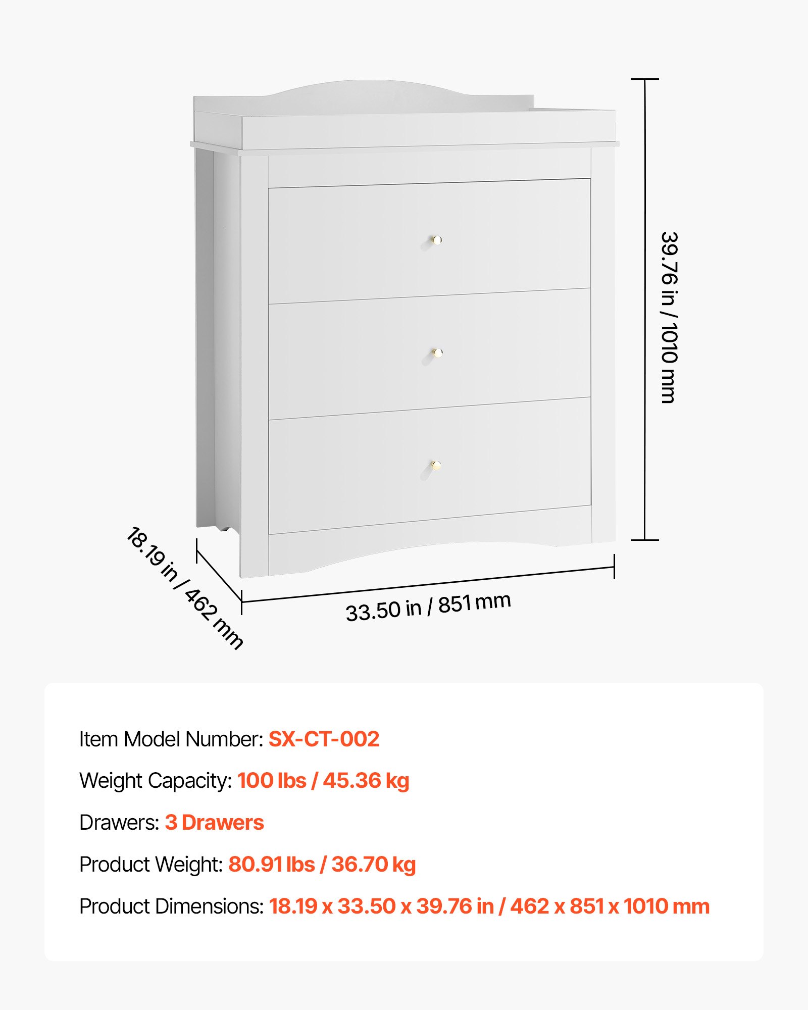 VEVOR Changing Table Dresser, Baby Diaper Change Station with 3 Drawers, Multi-Functional Modern Changing Table Dresser with Storage Organizer Nursery for Children's Room, White