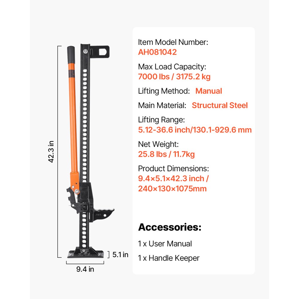 VEVOR Farm Jack, 107.5 cm Utility High Lift Farm Jack, 3.18 Ton Capacity Ratcheting Off Road Utility Jacks, Heavy-Duty Lift Jacks with 130.1-929.6 mm Lifting Range for Tractor, Truck, SUV