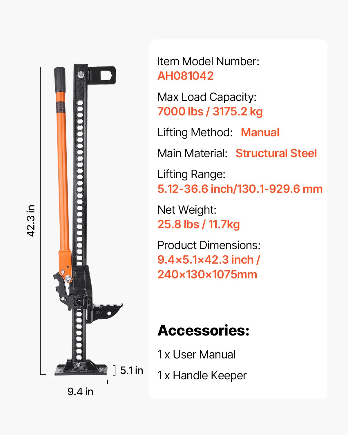 VEVOR Farm Jack, 107.5 cm Utility High Lift Farm Jack, 3.18 Ton Capacity Ratcheting Off Road Utility Jacks, Heavy-Duty Lift Jacks with 130.1-929.6 mm Lifting Range for Tractor, Truck, SUV