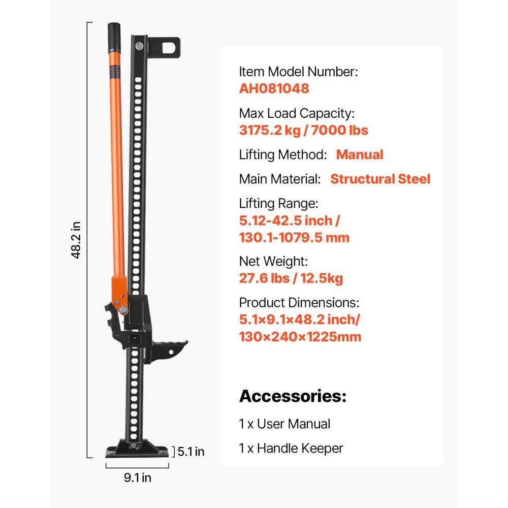 VEVOR Farm Jack, 122 cm Utility High Lift Farm Jack, 3.18 Ton Capacity Ratcheting Off Road Utility Jacks, Heavy-Duty Lift Jacks with 130.1-1079.5 mm Lifting Range for Tractor, Truck, SUV