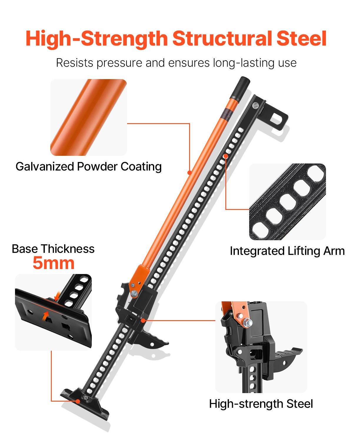 VEVOR Farm Jack, 122 cm Utility High Lift Farm Jack, 3.18 Ton Capacity Ratcheting Off Road Utility Jacks, Heavy-Duty Lift Jacks with 130.1-1079.5 mm Lifting Range for Tractor, Truck, SUV