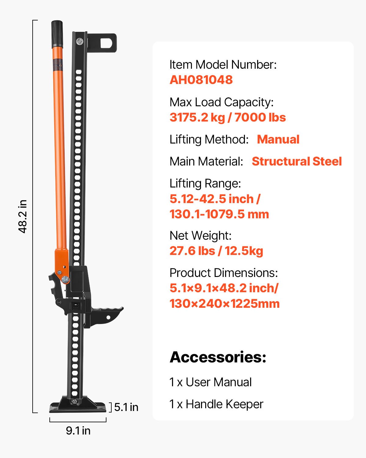 VEVOR Farm Jack, 122 cm Utility High Lift Farm Jack, 3.18 Ton Capacity Ratcheting Off Road Utility Jacks, Heavy-Duty Lift Jacks with 130.1-1079.5 mm Lifting Range for Tractor, Truck, SUV