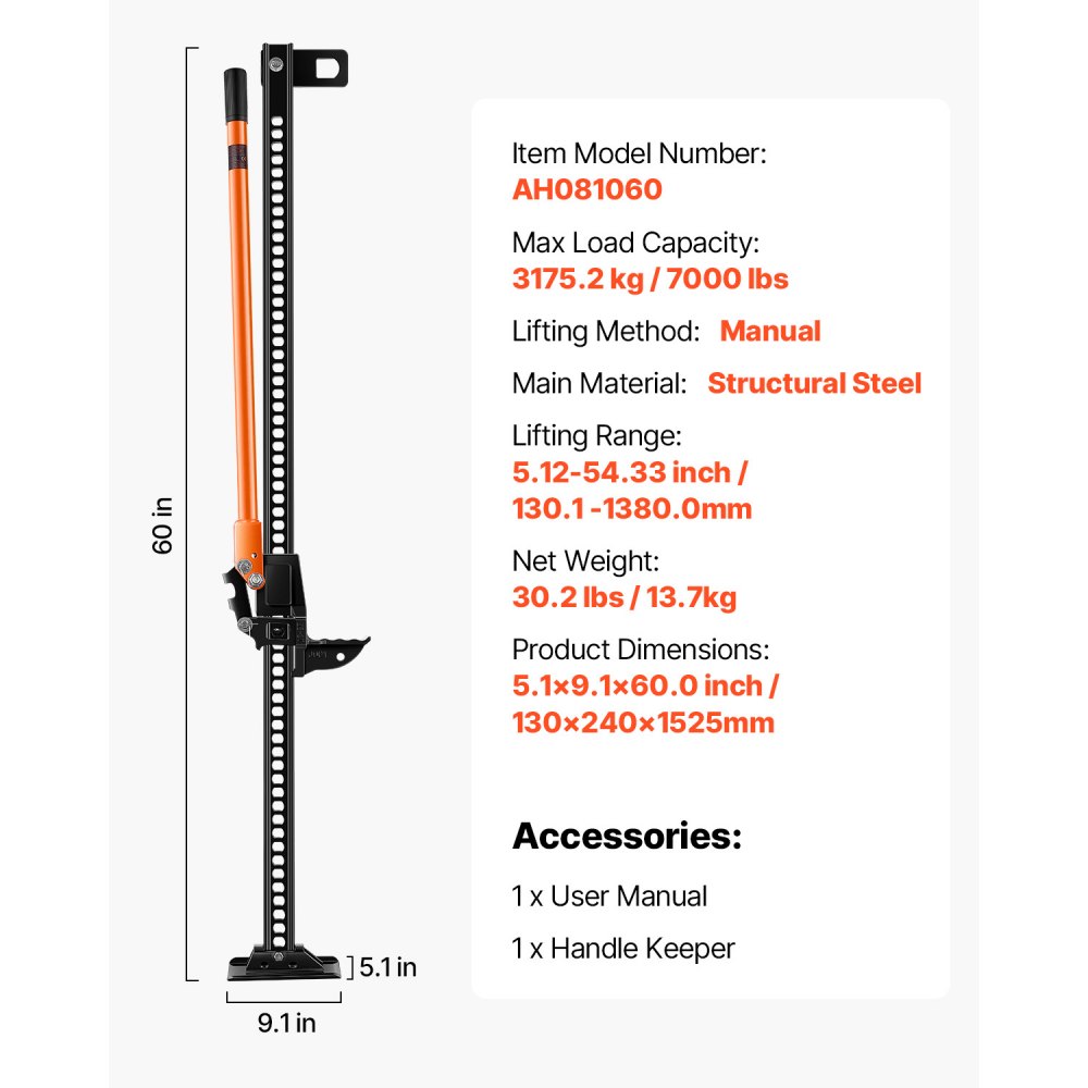 VEVOR Farm Jack, 152.5 cm Utility High Lift Farm Jack, 3.18 Ton Capacity Ratcheting Off Road Utility Jacks, Heavy-Duty Lift Jacks with 130.1-1380 mm Lifting Range for Tractor, Truck, SUV