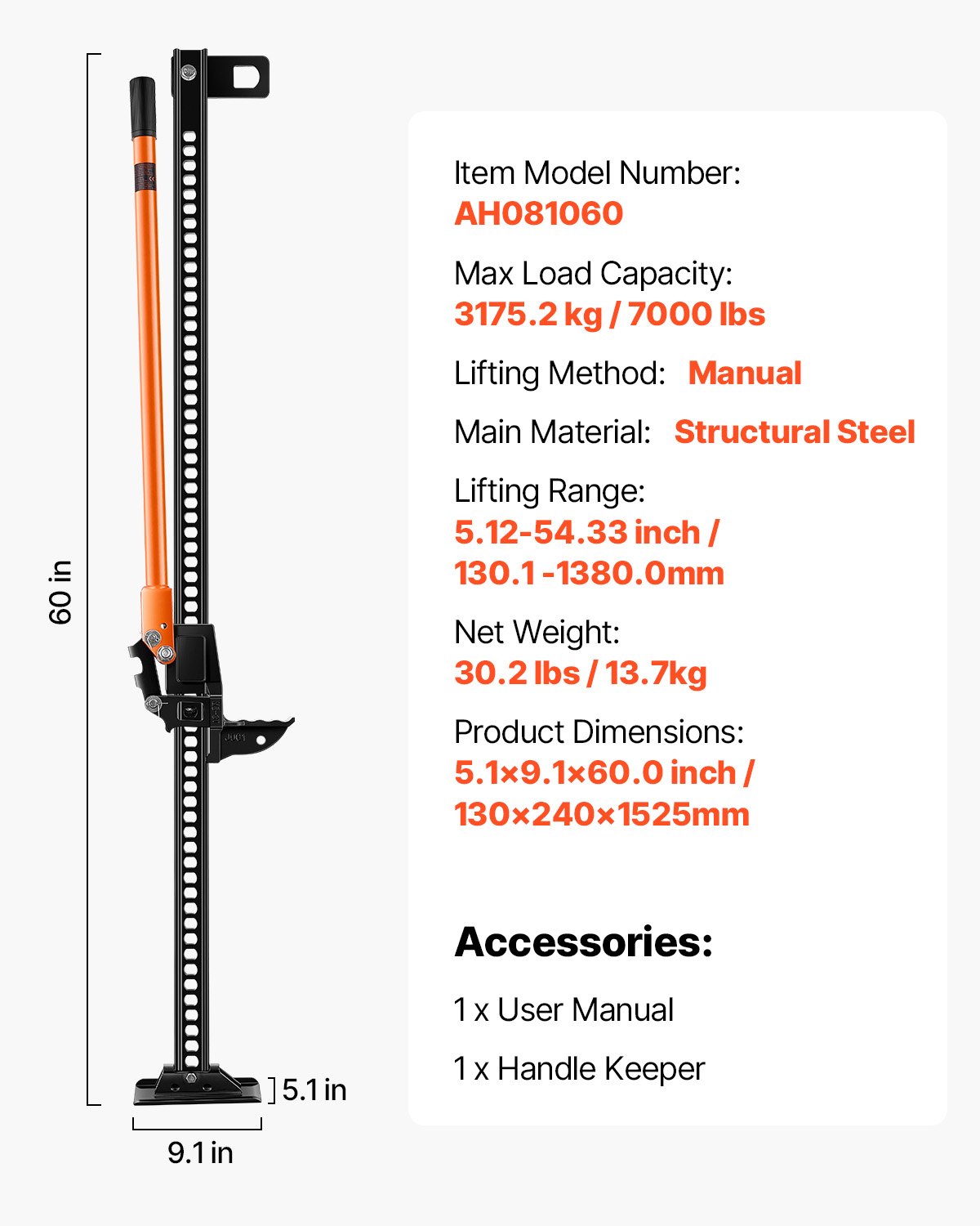VEVOR Farm Jack, 152.5 cm Utility High Lift Farm Jack, 3.18 Ton Capacity Ratcheting Off Road Utility Jacks, Heavy-Duty Lift Jacks with 130.1-1380 mm Lifting Range for Tractor, Truck, SUV