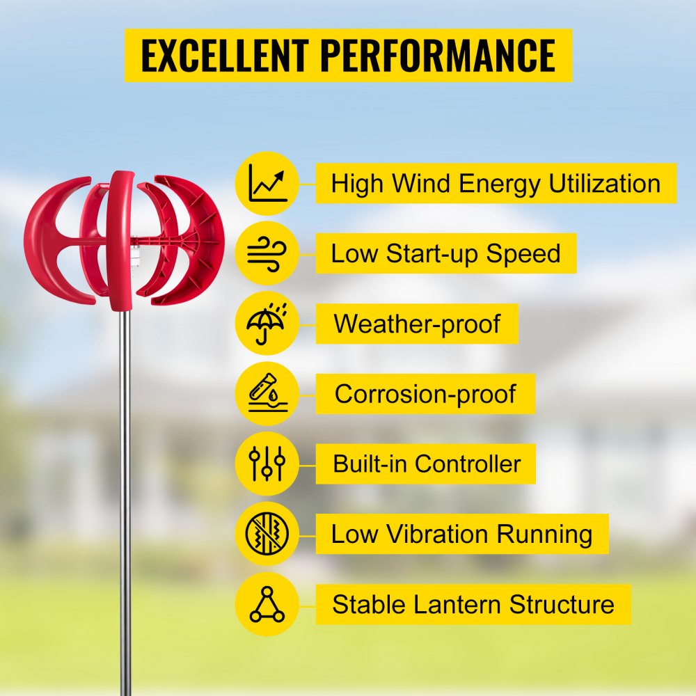400w 12v Lanterns Wind Turbine Generator Vertical Axis Red 5blades