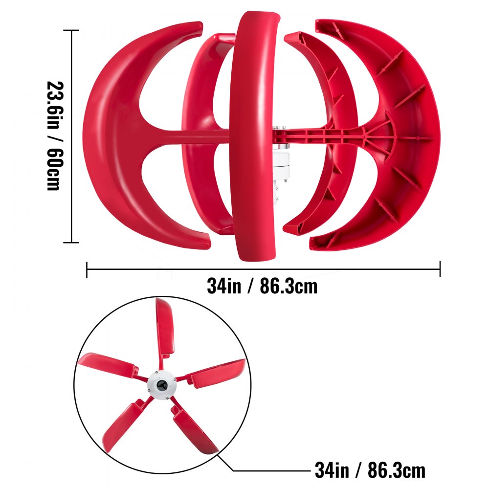 400w 12v Lanterns Wind Turbine Generator Vertical Axis Red 5blades