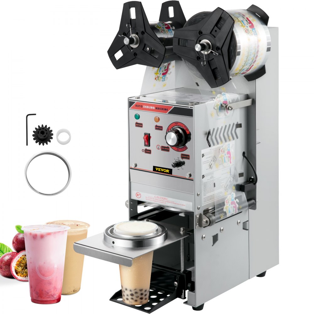 VEVOR cup sealing machine with accessories and sealed bubble tea cups.