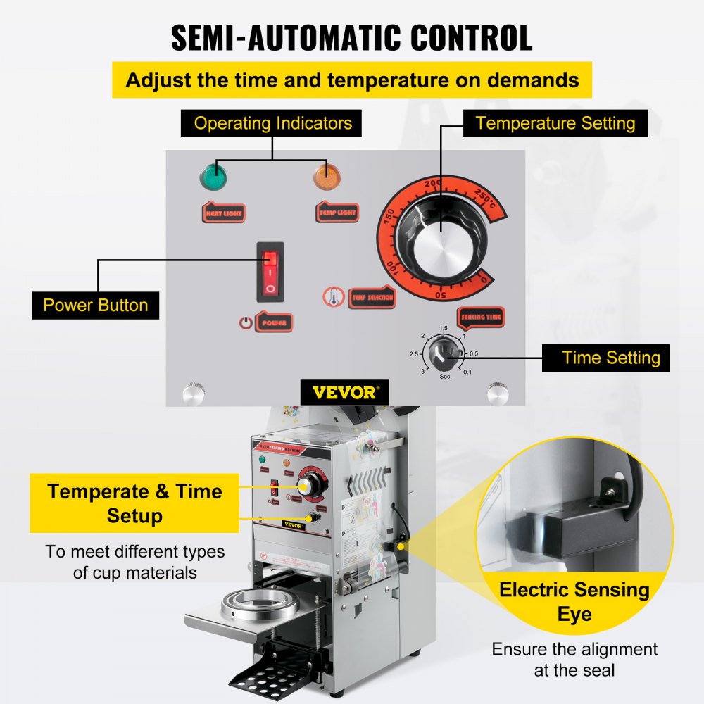 VEVOR Semi-automatic Cup Sealing Machine, 300-500 Cup/h Tea Cup Sealer Machine, Silver Boba Cup Sealer Machine, 90/95mm Cup Diameter Boba Cup Sealing Machine with Control Panel for Bubble Milk Tea