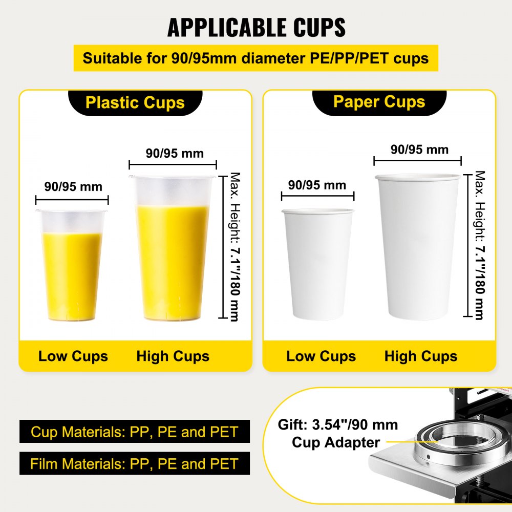VEVOR Semi-automatic Cup Sealing Machine, 300-500 Cup/h Tea Cup Sealer Machine, Silver Boba Cup Sealer Machine, 90/95mm Cup Diameter Boba Cup Sealing Machine with Control Panel for Bubble Milk Tea