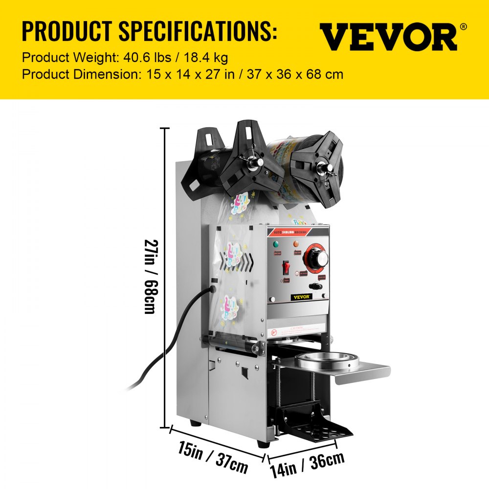 VEVOR Semi-automatic Cup Sealing Machine, 300-500 Cup/h Tea Cup Sealer Machine, Silver Boba Cup Sealer Machine, 90/95mm Cup Diameter Boba Cup Sealing Machine with Control Panel for Bubble Milk Tea