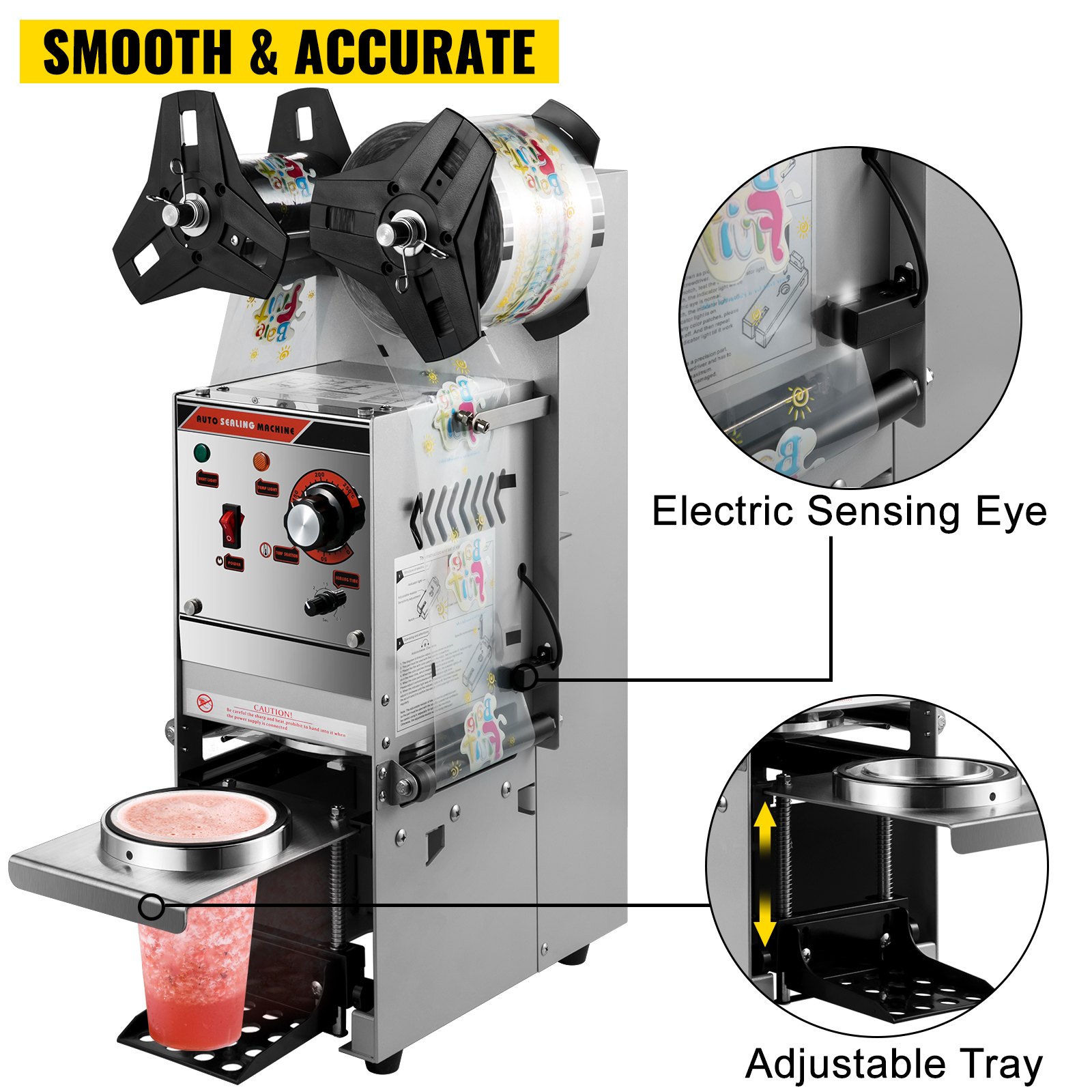 VEVOR Semi-automatic Cup Sealing Machine, 300-500 Cup/h Tea Cup Sealer Machine, Silver Boba Cup Sealer Machine, 90/95mm Cup Diameter Boba Cup Sealing Machine with Control Panel for Bubble Milk Tea