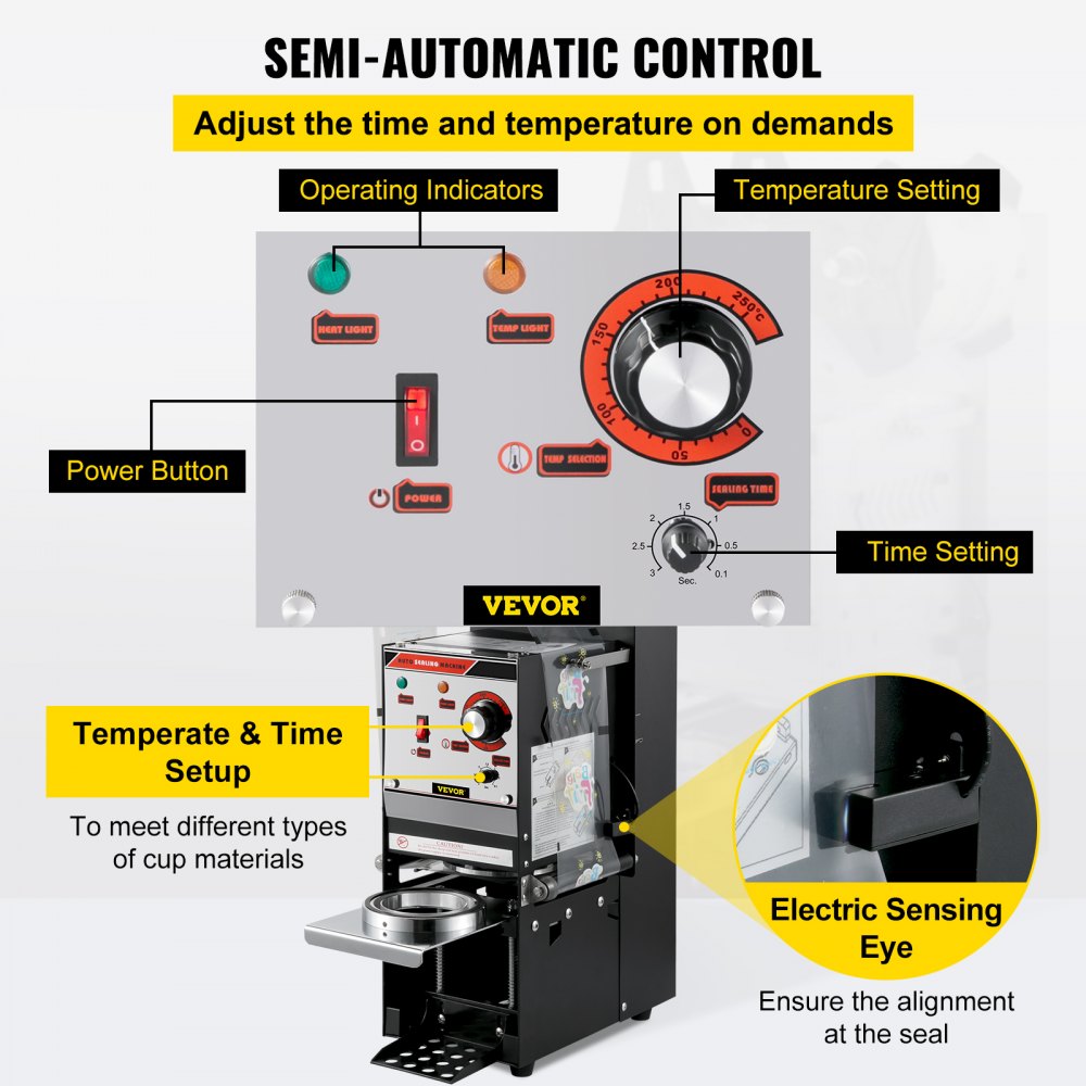 VEVOR Semi-automatic Cup Sealing Machine, 300-500 Cup/h Tea Cup Sealer Machine, Black Boba Cup Sealer Machine, 90/95mm Cup Diameter Boba Cup Sealing Machine with Control Panel for Bubble Milk Tea