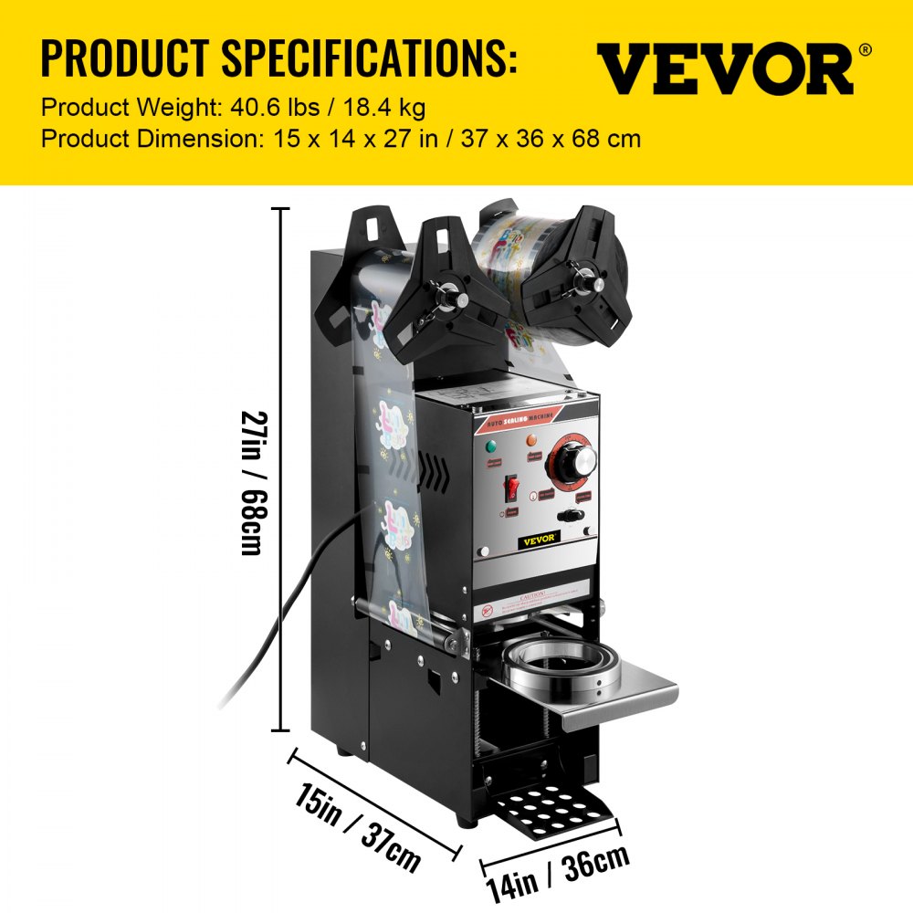 VEVOR Semi-automatic Cup Sealing Machine, 300-500 Cup/h Tea Cup Sealer Machine, Black Boba Cup Sealer Machine, 90/95mm Cup Diameter Boba Cup Sealing Machine with Control Panel for Bubble Milk Tea