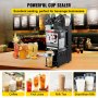 VEVOR cup sealing machine in a coffee shop with beverages like juice, milk tea, and coffee.