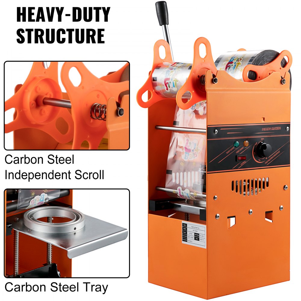 VEVOR Manual Tea Cup Sealer Machine, 300-500 Cup/h Manual Boba Tea Sealer Machine, Orange, 90/95mm Cup Diameter Cup Sealing Machine with Heating Technology for Bubble Milk Tea