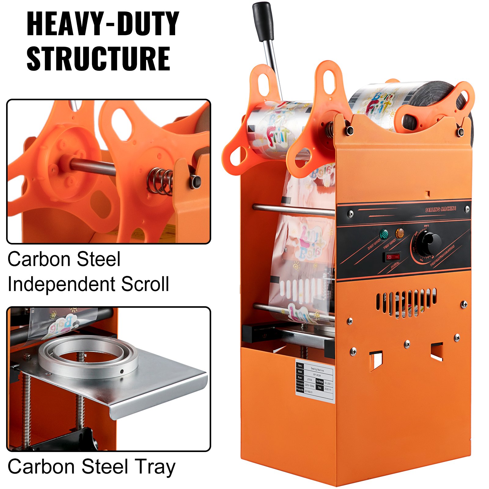 VEVOR Manual Tea Cup Sealer Machine, 300-500 Cup/h Manual Boba Tea Sealer Machine, Orange, 90/95mm Cup Diameter Cup Sealing Machine with Heating Technology for Bubble Milk Tea