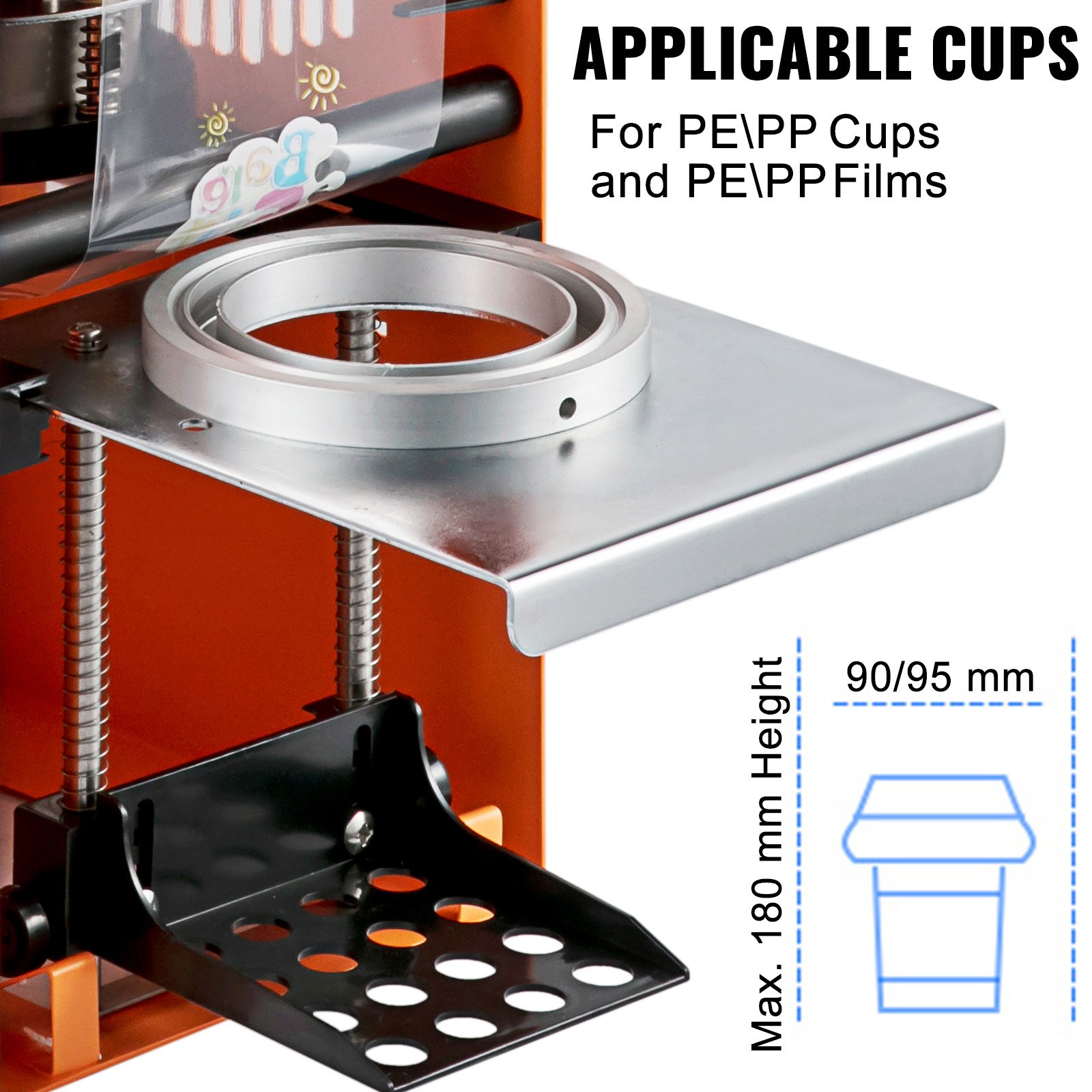 VEVOR Manual Tea Cup Sealer Machine, 300-500 Cup/h Manual Boba Tea Sealer Machine, Orange, 90/95mm Cup Diameter Cup Sealing Machine with Heating Technology for Bubble Milk Tea